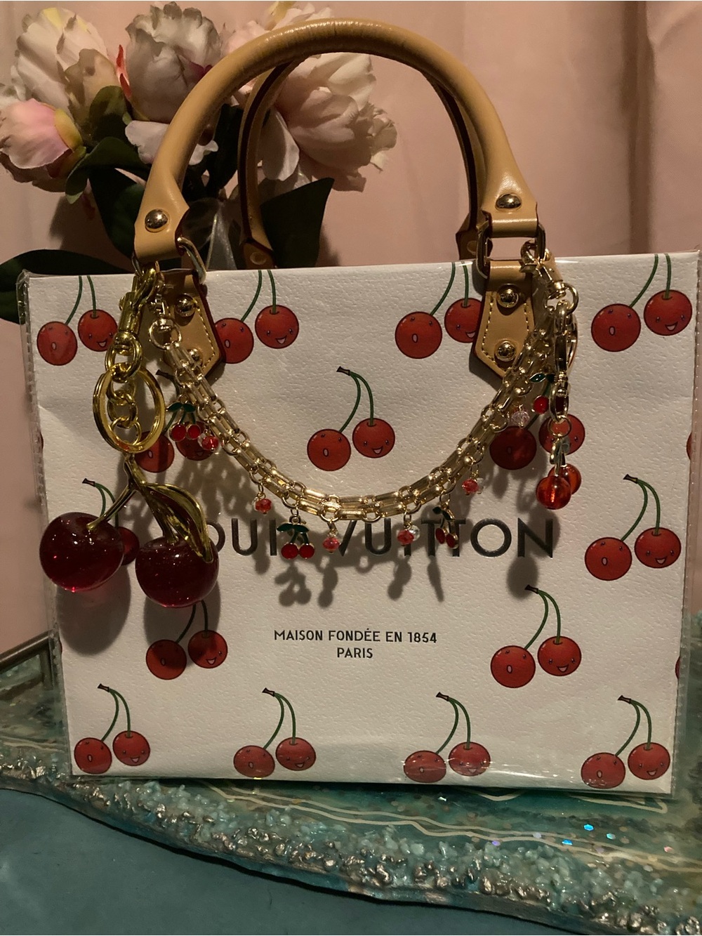 Louis Vuitton White Cherry-Print Top Handle Tote with Tan Handles